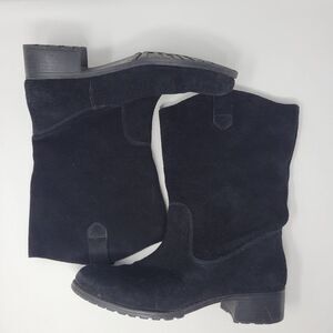 CHARLES DAVID Black Suede Heeled Boots Size 8 Mid Calf Western Flannel Lined